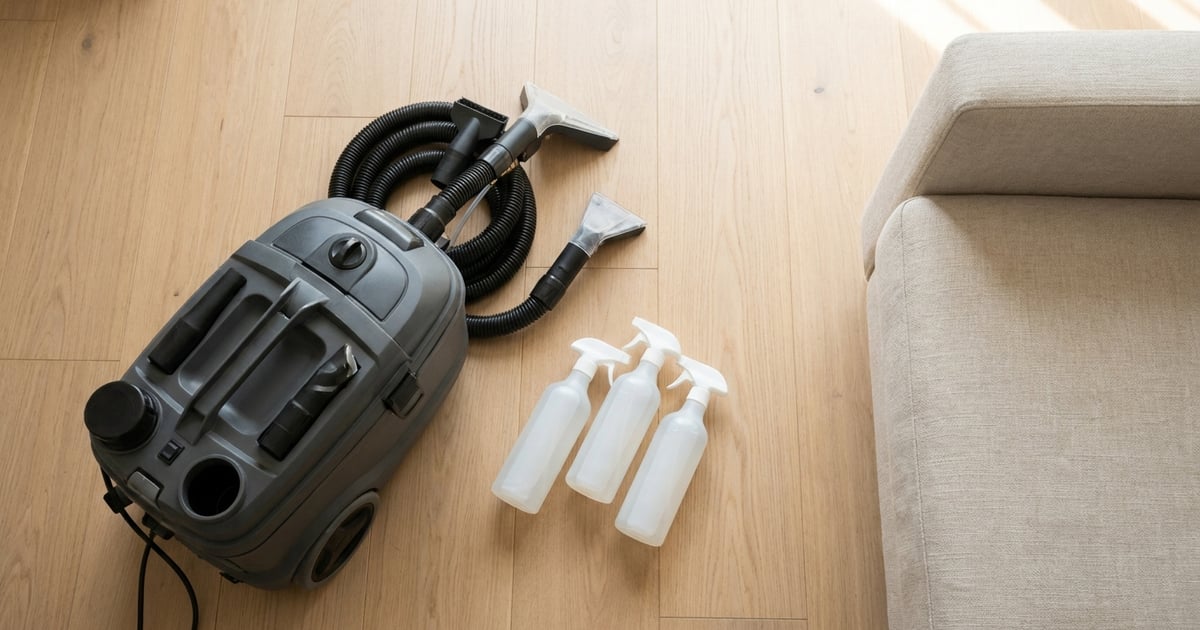SofaSaver reinigingsmachine met reinigingsmiddel klaar voor gebruik naast een bank